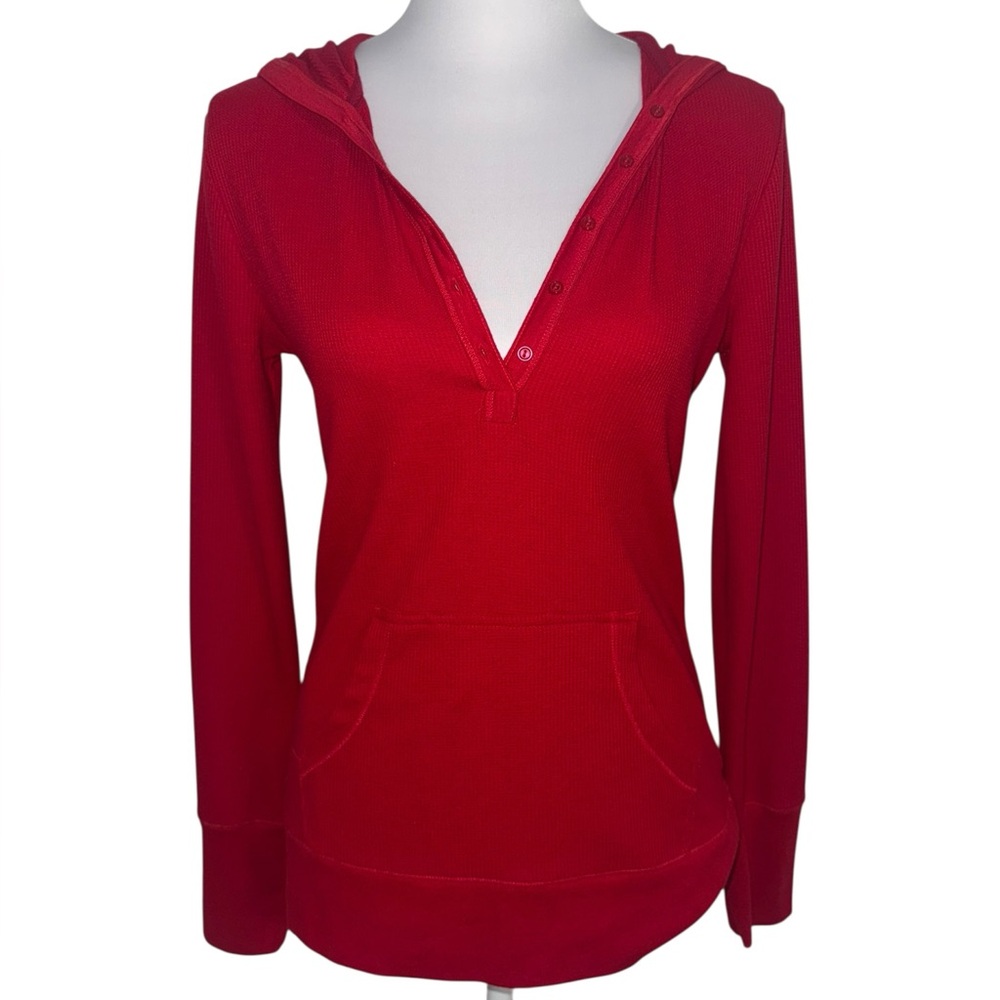 Faded Glory Red Thermal Waffle‎ Knit Hoodie Henley Kangaroo Pocket Women’s M Y2K